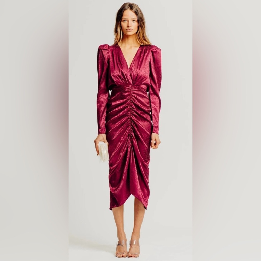 Torn by Ronny Kobo Astrid Animal Jacquard Deep V Ruched Satin Dress Wine Size M